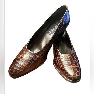 Vintage Calico Women’s Heels. English6. Brown Crocodile-Embossed Size 8